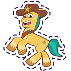 Size: 512x512 | Tagged: safe, imported from derpibooru, hitch trailblazer, earth pony, pony, badge, coat markings, cowboy hat, g5, gameloft, hat, looking at you, male, my little pony: mane merge, official, open mouth, open smile, pose, rearing, simple background, smiling, socks (coat markings), solo, stallion, sticker, transparent background, unshorn fetlocks