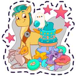 Size: 512x512 | Tagged: safe, imported from derpibooru, hitch trailblazer, bird, earth pony, mouse, pony, raccoon, rat, seagull, angry, bow, cake, carrot, coat markings, critter magnet, dessert, donut, eating, food, frustrated, g5, gameloft, gritted teeth, macaron, male, my little pony: mane merge, official, raccoonicorn, simple background, smiling, socks (coat markings), stallion, stars, sticker, teeth, transparent background, unshorn fetlocks