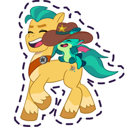 Size: 512x512 | Tagged: safe, imported from derpibooru, hitch trailblazer, dragon, earth pony, pony, baby, baby dragon, coat markings, cowboy hat, cute, duo, duo male, eyes closed, father and child, father and son, g5, gameloft, hat, male, my little pony: mane merge, official, open mouth, open smile, papa hitch, simple background, smiling, socks (coat markings), sparky sparkeroni, stallion, sticker, transparent background, unshorn fetlocks, walking