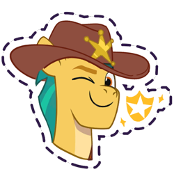 Size: 512x512 | Tagged: safe, imported from derpibooru, hitch trailblazer, earth pony, pony, badge, confident, cowboy hat, g5, gameloft, hat, looking at you, male, my little pony: mane merge, official, one eye closed, simple background, smiling, smiling at you, solo, stallion, stars, sticker, transparent background, wink, winking at you