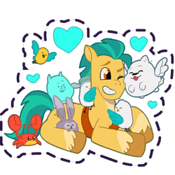 Size: 512x512 | Tagged: safe, imported from derpibooru, hitch trailblazer, bird, crab, earth pony, pig, pony, rabbit, seagull, animal, cloudbetes, cloudpuff, coat markings, critter magnet, cute, eyes closed, flying, g5, gameloft, grin, heart, hitchbetes, hug, kenneth, male, mcsnips-a-lot, my little pony: mane merge, nuzzling, official, simple background, smiling, socks (coat markings), spread wings, stallion, sticker, tongue out, transparent background, unshorn fetlocks, wings