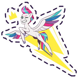 Size: 512x512 | Tagged: safe, imported from derpibooru, zipp storm, pegasus, pony, crown, female, flying, g5, gameloft, grin, jewelry, lightning, mare, my little pony: mane merge, official, one eye closed, regalia, simple background, slim, smiling, solo, spread wings, sticker, transparent background, wings, wink