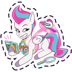 Size: 512x512 | Tagged: safe, imported from derpibooru, zipp storm, pegasus, pony, cellphone, detective zipp, drone, emanata, female, flying, g5, gameloft, grin, hoof hold, looking at something, looking back, magnifying glass, mare, my little pony: mane merge, official, phone, simple background, smartphone, smiling, solo, sticker, transparent background, unshorn fetlocks