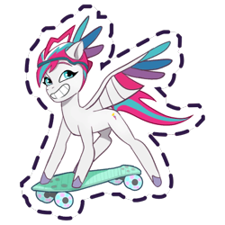 Size: 512x512 | Tagged: safe, imported from derpibooru, zipp storm, pegasus, pony, spoiler:g5, spoiler:my little pony: tell your tale, spoiler:tyts01e25, female, g5, gameloft, grin, helmet, mare, my little pony: mane merge, my little pony: tell your tale, official, pony partay, simple background, skateboard, slim, smiling, solo, spread wings, sticker, transparent background, unshorn fetlocks, wings