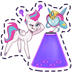 Size: 512x512 | Tagged: safe, imported from derpibooru, zipp storm, pegasus, pony, detective zipp, female, g5, gameloft, heart hoofprints, hoofprints, light, mare, my little pony: mane merge, official, question mark, simple background, solo, spotlight, sticker, tongue out, transparent background, unshorn fetlocks