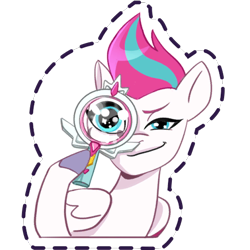 Size: 512x512 | Tagged: safe, imported from derpibooru, zipp storm, pegasus, pony, detective zipp, female, g5, gameloft, hoof hold, magnifying glass, mare, my little pony: mane merge, official, simple background, smiling, solo, sparkly eyes, sticker, transparent background, unshorn fetlocks, wingding eyes