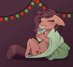 Size: 1100x1000 | Tagged: safe, artist:purplegrim40, imported from derpibooru, oc, oc only, anthro, earth pony, animated, blanket, chibi, chocolate, christmas, christmas lights, ear flick, eyes closed, female, floppy ears, food, gif, holiday, hot chocolate, nudity, pillow, solo, string lights