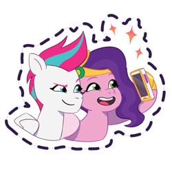 Size: 512x512 | Tagged: safe, imported from derpibooru, pipp petals, zipp storm, pegasus, pony, adorapipp, adorazipp, cellphone, cute, duo, duo female, female, g5, gameloft, headband, jewelry, looking at something, mare, my little pony: mane merge, official, open mouth, open smile, phone, regalia, royal sisters (g5), selfie, siblings, simple background, sisters, smartphone, smiling, sparkles, sticker, transparent background