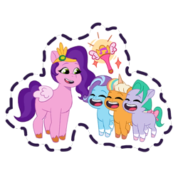 Size: 512x512 | Tagged: safe, imported from derpibooru, pipp petals, earth pony, pegasus, pony, unicorn, adorapipp, bow, coat markings, cute, eyes closed, female, filly, foal, g5, gameloft, glory (g5), glorydorable, group, headband, jewelry, mare, my little pony: magic princess, open mouth, open smile, peach fizz, peachsweet, pippsqueak trio, pippsqueaks, quartet, regalia, seashell (g5), shellabetes, simple background, smiling, socks (coat markings), sparkles, sticker, tail, tail bow, transparent background, unshorn fetlocks