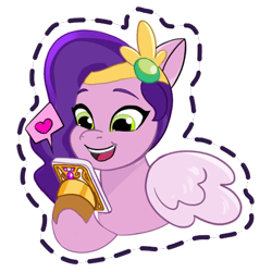Size: 512x512 | Tagged: safe, imported from derpibooru, pipp petals, pegasus, pony, adorapipp, cellphone, cute, female, g5, gameloft, headband, heart, hoof hold, jewelry, magnetic hooves, mare, my little pony: mane merge, official, open mouth, open smile, phone, regalia, simple background, smartphone, smiling, solo, speech bubble, sticker, transparent background, unshorn fetlocks