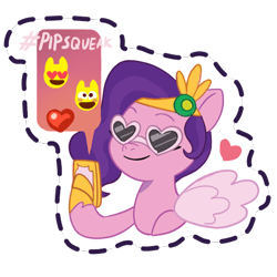 Size: 512x512 | Tagged: safe, imported from derpibooru, pipp petals, pegasus, pony, adorapipp, cellphone, cute, emoji, g5, gameloft, glasses, hashtag, headband, heart, heart eyes, heart shaped glasses, hoof hold, jewelry, magnetic hooves, my little pony: mane merge, official, phone, regalia, simple background, smartphone, smiling, solo, speech bubble, spread wings, sticker, sunglasses, transparent background, wingding eyes, wings