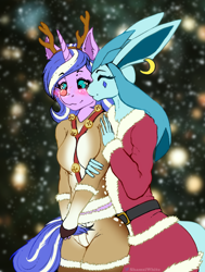 Size: 1488x1964 | Tagged: safe, artist:shamziwhite, imported from derpibooru, oc, oc only, oc:ripy, anthro, glaceon, unicorn, blushing, cheek kiss, christmas, christmas outfit, clothes, costume, duo, female, harness, holiday, hug, kissing, male, outfit, pokémon, red nose, smiling, tack
