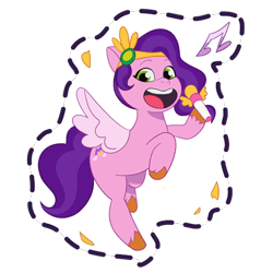 Size: 512x512 | Tagged: safe, imported from derpibooru, pipp petals, pegasus, pony, adorapipp, cute, female, flying, g5, gameloft, headband, jewelry, mare, microphone, music notes, my little pony: mane merge, official, open mouth, open smile, regalia, simple background, singing, smiling, solo, spread wings, sticker, transparent background, unshorn fetlocks, wings
