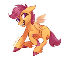 Size: 1112x1022 | Tagged: safe, artist:kipsneeps, imported from derpibooru, scootaloo, pegasus, pony, blank flank, cute, cutealoo, female, filly, flapping, flapping wings, foal, grin, simple background, smiling, solo, unshorn fetlocks, white background, wings