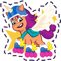 Size: 512x512 | Tagged: safe, imported from derpibooru, sunny starscout, alicorn, earth pony, pony, artificial horn, artificial wings, augmented, bag, female, g5, gameloft, helmet, horn, magic, magic horn, magic wings, mare, my little pony: mane merge, official, open mouth, open smile, race swap, roller skates, saddle bag, simple background, skates, smiling, solo, stars, sticker, sunnycorn, transparent background, wings