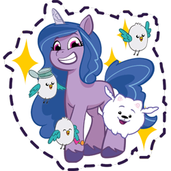 Size: 512x512 | Tagged: safe, imported from derpibooru, izzy moonbow, bird, dog, pomeranian, pony, seagull, unicorn, beak, bracelet, cloudpuff, cute, female, flying, flying pomeranian, friendship bracelet, g5, gameloft, grin, group, izzybetes, jewelry, kenneth, male, mare, my little pony: mane merge, official, open beak, open mouth, open smile, quintet, simple background, smiling, sparkles, spread wings, sticker, transparent background, unshorn fetlocks, winged dog, wings