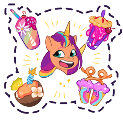 Size: 512x512 | Tagged: safe, imported from derpibooru, sunny starscout, alicorn, earth pony, pony, artificial horn, artificial wings, augmented, cherry, coconut, cup, disembodied head, drink, drinking straw, emanata, female, flower, food, g5, gameloft, heart, horn, lemon, magic, magic horn, magic wings, mare, my little pony: mane merge, official, open mouth, open smile, pie, race swap, simple background, slushie, smiling, smoothie, solo, sparkles, sunnycorn, transparent background, wings