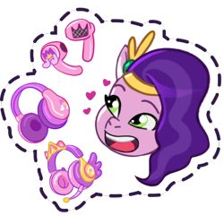 Size: 512x512 | Tagged: safe, imported from derpibooru, pipp petals, pegasus, pony, adorapipp, cute, disembodied head, earbuds, g5, gameloft, headband, headphones, headset, headset mic, heart, jewelry, looking at something, my little pony: mane merge, official, open mouth, open smile, regalia, simple background, smiling, solo, sticker, transparent background