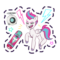 Size: 512x512 | Tagged: safe, imported from derpibooru, zipp storm, pegasus, pony, emanata, eyes closed, female, g5, gameloft, lightning, mare, my little pony: mane merge, official, open mouth, open smile, simple background, skateboard, slim, smiling, solo, standing on two hooves, stars, sticker, transparent background, unshorn fetlocks
