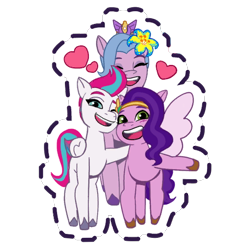 Size: 512x512 | Tagged: safe, imported from derpibooru, pipp petals, queen haven, zipp storm, pegasus, pony, adorahaven, adorapipp, adorazipp, blushing, crown, cute, eyes closed, eyes open, eyeshadow, female, floating heart, flower, flower in hair, flower on ear, g5, gameloft, headband, heart, jewelry, makeup, mother and child, mother and daughter, my little pony: mane merge, ocean lily, official, one eye closed, open mouth, open smile, outstretched hoof, regalia, royal sisters (g5), siblings, simple background, sisters, smiling, spread wings, sticker, transparent background, trio, trio female, unshorn fetlocks, wings