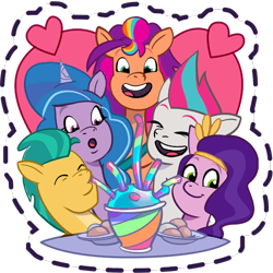 Size: 512x512 | Tagged: safe, imported from derpibooru, hitch trailblazer, izzy moonbow, pipp petals, sunny starscout, zipp storm, earth pony, pegasus, pony, unicorn, :o, adorapipp, adorazipp, cute, drink, drinking, drinking straw, eyes closed, female, g5, gameloft, group, headband, heart, jewelry, looking back, male, mane five (g5), mare, my little pony: mane merge, official, open mouth, open smile, quintet, regalia, royal sisters (g5), siblings, simple background, sisters, slushie, smiling, smoothie, stallion, sticker, transparent background