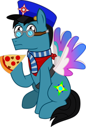 Size: 1720x2550 | Tagged: safe, artist:sketchmcreations, derpibooru exclusive, imported from derpibooru, oc, oc only, oc:sketch mythos, earth pony, pony, derpibooru community collaboration, 2023 community collab, clothes, fake wings, food, frown, goggles, hat, hoof hold, implied zipp storm, male, meat, neckerchief, pizza, ponies eating meat, postman's hat, scarf, simple background, sitting, stallion, transparent background, vector