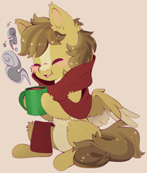 Size: 3492x4096 | Tagged: safe, artist:cutepencilcase, imported from derpibooru, oc, oc only, oc:buttercup, pegasus, pony, cheeks, chocolate, clothes, foal, food, hot chocolate, scarf, solo