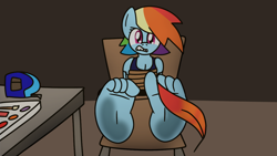 Size: 1280x720 | Tagged: safe, artist:erikschroth, imported from derpibooru, rainbow dash, anthro, plantigrade anthro, barefoot, bondage, chair, feather, feet, fetish, foot fetish, foot focus, soles, story included, table, tickle fetish, tickle torture, tickling, tied to chair, tied up, toes