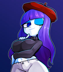 Size: 1350x1543 | Tagged: safe, artist:kyouman1010, imported from derpibooru, rarity, human, equestria girls, beatnik rarity, belly button, beret, blue background, breasts, busty rarity, clothes, eyeshadow, hat, looking at you, makeup, midriff, one eye closed, outline, pants, simple background, smiling, smiling at you, solo, sweater, three quarter view, white outline, wink, winking at you