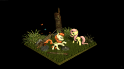 Size: 3840x2160 | Tagged: safe, artist:derpy_fan, imported from derpibooru, autumn blaze, fluttershy, butterfly, kirin, pegasus, pony, 3d, 4k, black background, cloven hooves, duo, duo female, female, high res, mare, simple background, source filmmaker