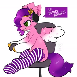 Size: 2048x2046 | Tagged: safe, artist:spookyfoxinc, imported from derpibooru, pipp petals, pegasus, pony, adorapipp, chair, chest fluff, clothes, controller, cute, ear fluff, female, g5, gamer, gamer pipp, headphones, jewelry, mare, my little pony: a new generation, open mouth, sitting, socks, solo, spread wings, striped socks, tiara, wings