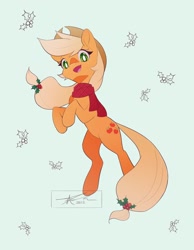 Size: 1592x2048 | Tagged: safe, artist:mindlessnik, imported from derpibooru, applejack, earth pony, pony, christmas, clothes, cute, female, green background, holiday, holly, jackabetes, looking at you, mare, open mouth, open smile, rearing, scarf, simple background, smiling, smiling at you, solo