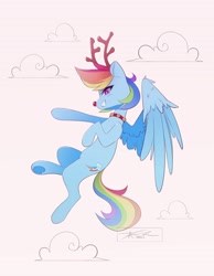 Size: 2100x2700 | Tagged: safe, artist:mindlessnik, imported from derpibooru, rainbow dash, pegasus, pony, animal costume, antlers, beige background, bell, bell collar, christmas, collar, costume, fake antlers, female, flying, grin, holiday, mare, reindeer antlers, reindeer costume, reindeer dash, simple background, smiling, solo, underhoof