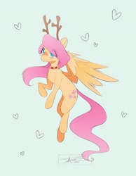 Size: 2100x2700 | Tagged: safe, artist:mindlessnik, imported from derpibooru, fluttershy, pegasus, pony, animal costume, antlers, bell, bell collar, christmas, collar, costume, eye clipping through hair, fake antlers, female, green background, holiday, looking at you, mare, reindeer antlers, reindeer costume, simple background, smiling, smiling at you, solo