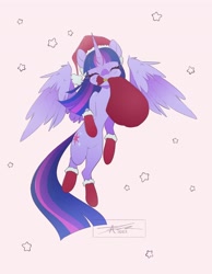 Size: 2100x2700 | Tagged: safe, artist:mindlessnik, imported from derpibooru, twilight sparkle, alicorn, pony, christmas, clothes, cute, eyes closed, female, hat, holiday, mare, mouth hold, sack, santa hat, simple background, socks, solo, twiabetes, twilight sparkle (alicorn), white background