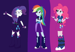 Size: 899x623 | Tagged: safe, artist:arwenthecutewolfgirl, artist:mixiepie, imported from derpibooru, pinkie pie, rainbow dash, rarity, human, equestria girls, alternate clothes, base used, clothes, crossed arms, cutie mark on clothes, eyelashes, gem, role reversal, siren gem, the dazzlings