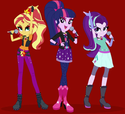 Size: 898x818 | Tagged: safe, artist:vellyglirraliayt, imported from derpibooru, starlight glimmer, sunset shimmer, twilight sparkle, human, equestria girls, alternate clothes, alternate hairstyle, base used, clothes, cutie mark accessory, cutie mark on clothes, eyeshadow, gem, makeup, red background, role reversal, simple background, siren gem, the dazzlings