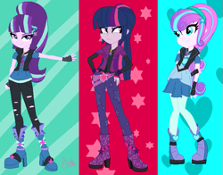 Size: 703x551 | Tagged: safe, artist:vellyglirraliayt, imported from derpibooru, princess flurry heart, starlight glimmer, twilight sparkle, human, equestria girls, alternate clothes, alternate design, alternate hairstyle, base used, clothes, cool, cutie mark on clothes, equestria girls-ified, eyeshadow, frown, gem, hand on hip, heart, lidded eyes, looking at you, makeup, s5 starlight, siren gem, smiling, stars, the dazzlings, trio