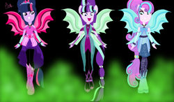 Size: 1000x585 | Tagged: safe, artist:vellyglirraliayt, imported from derpibooru, princess flurry heart, starlight glimmer, twilight sparkle, human, equestria girls, alternate clothes, alternate hairstyle, base used, equestria girls-ified, female, fin wings, fins, fog, gem, siren gem, the dazzlings, trio, trio female, wings