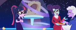 Size: 2760x1080 | Tagged: safe, composite screencap, edit, edited screencap, imported from derpibooru, screencap, rosette nebula, sci-twi, twilight sparkle, human, equestria girls, twilight under the stars, spoiler:eqg series (season 2), bracelet, clothes, cupcake, dress, ear piercing, earring, female, food, glasses, hair bun, hors d'oeuvre, jewelry, piercing, ponytail, sci-twi outfits, wavy mouth