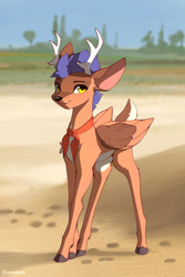 Size: 1600x2400 | Tagged: safe, artist:freeedon, imported from derpibooru, oc, oc only, oc:arny, deer, deer pony, original species, peryton, antlers, beach, complex background, folded wings, neckerchief, solo, wings