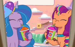 Size: 960x607 | Tagged: safe, imported from derpibooru, screencap, izzy moonbow, sunny starscout, earth pony, pony, unicorn, spoiler:g5, spoiler:my little pony: tell your tale, spoiler:tyts01e25, animated, cropped, cute, drink, drinking, duo, duo female, eyes closed, female, g5, gif, hoof hold, izzybetes, mare, my little pony: tell your tale, pony partay, smoothie, sunnybetes, youtube link