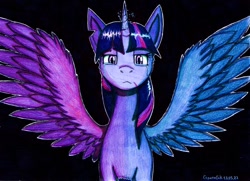 Size: 680x492 | Tagged: safe, artist:strategeak, imported from derpibooru, twilight sparkle, alicorn, pony, black background, female, mare, scar, simple background, solo, spread wings, torn ear, twilight sparkle (alicorn), wings
