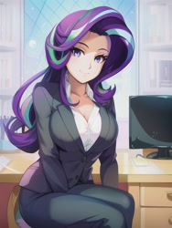 Size: 512x682 | Tagged: safe, editor:sammykun, imported from derpibooru, starlight glimmer, human, ai content, ai generated, beautiful, breasts, busty starlight glimmer, clothes, computer, desk, female, generator:novelai, generator:stable diffusion, humanized, looking at you, office, solo, suit, window