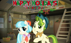 Size: 2064x1237 | Tagged: safe, anonymous artist, artist:itv-canterlot, artist:jhayarr23, imported from derpibooru, coco pommel, pistachio, earth pony, pony, 2022, christmas, cocachio, december, female, friendship, happy holidays, hearth's warming, holiday, male, mare, song reference, stallion, sweet acorn orchard, youtube link in the description