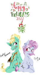 Size: 1114x2064 | Tagged: safe, artist:alazak, edit, imported from derpibooru, pixie cut (g4), zephyr breeze, earth pony, pegasus, 2022, christmas, december, duo, female, friendship, happy holidays, hearth's warming, holiday, kiss mark, lipstick, looking at each other, looking at someone, lyrics in the description, male, mare, mistletoe, pixiebreeze, simple background, song reference, stallion, white background, youtube link in the description, zephyrcut