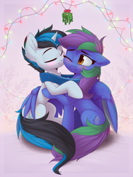 Size: 2025x2696 | Tagged: safe, artist:anti1mozg, imported from derpibooru, oc, oc only, oc:lishka, oc:solar gizmo, pegasus, pony, unicorn, blushing, cheek kiss, christmas, christmas lights, clothes, eyes closed, holiday, kissing, mistletoe, one eye closed, scarf, shared clothing, shared scarf, shipping