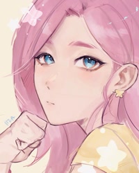 Size: 1080x1351 | Tagged: safe, artist:iiza0_0, imported from derpibooru, fluttershy, human, ear piercing, earring, female, humanized, jewelry, looking at you, piercing, solo, stars