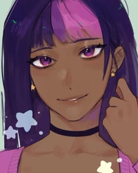 Size: 1080x1351 | Tagged: safe, artist:iiza0_0, imported from derpibooru, twilight sparkle, human, dark skin, ear piercing, earring, female, humanized, jewelry, piercing, solo, stars