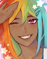 Size: 1080x1351 | Tagged: safe, artist:iiza0_0, imported from derpibooru, rainbow dash, human, dark skin, female, hairclip, humanized, one eye closed, smiling, smirk, solo, wink